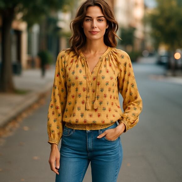 Anthropologie Tops - Anthropologie Porridge Elizabeth Peasant Blouse Yellow Floral Tassel Size Large